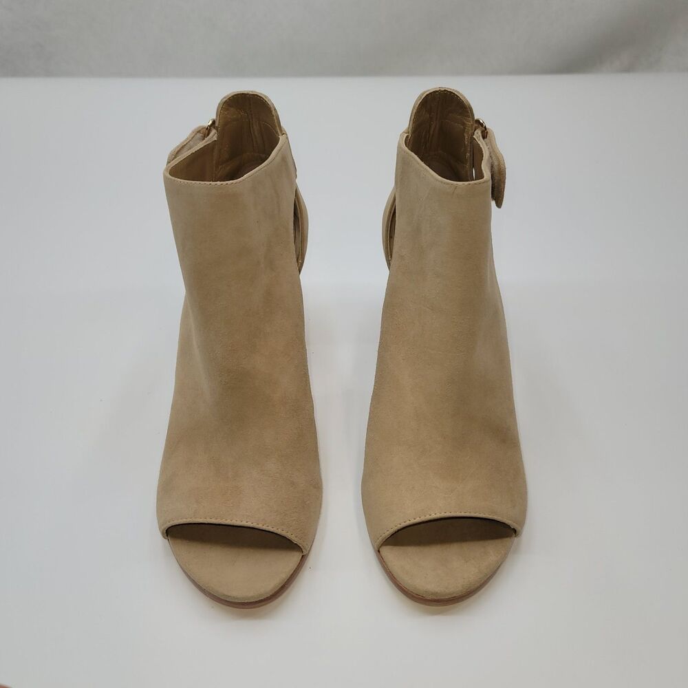Stuart Weitzman Opendoor Tan Suede Peep Toe Side Cutout Ankle Booties Spain 8.5